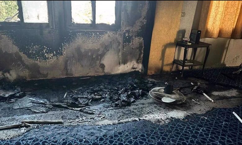 Damaged mosque in Salfit, West Bank, after an arson attack by Israeli settlers.
