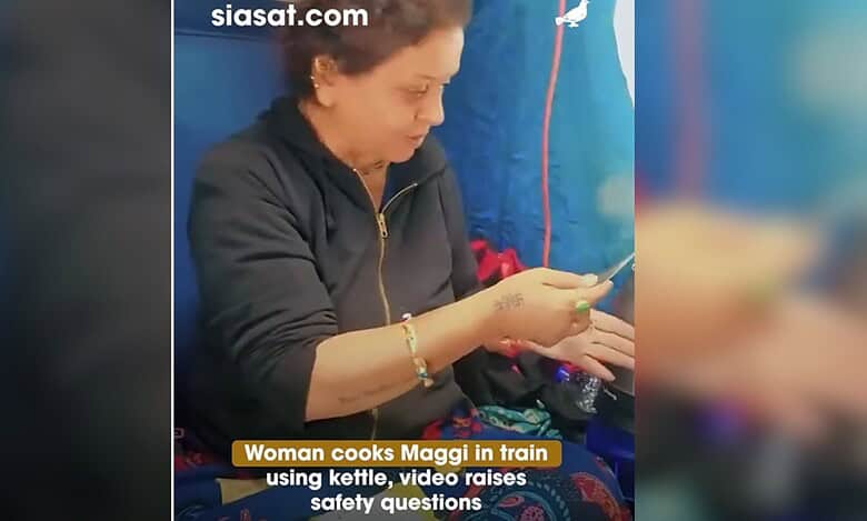 woman cooks maggin in train using kettle