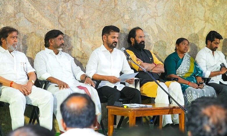 CM Revanth Reddy (center) flanked by deputy CM Mallu Bhatti Vikramarka (left) and state irrigation minister Uttam Kumar Reddy along with other ministers during a press conference in Hyderabad