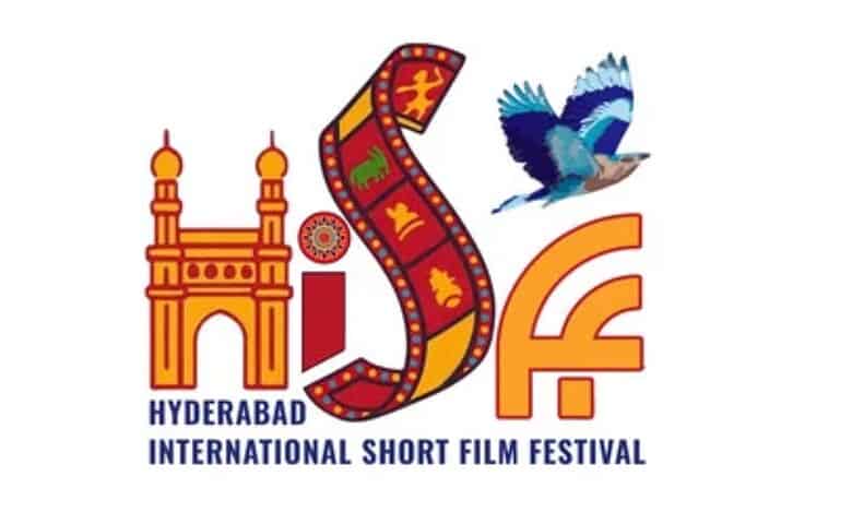 Hyderabad International Short Film Festival logo featuring Charminar monument, colorful film strip, blue bird in flight, and HISFF text