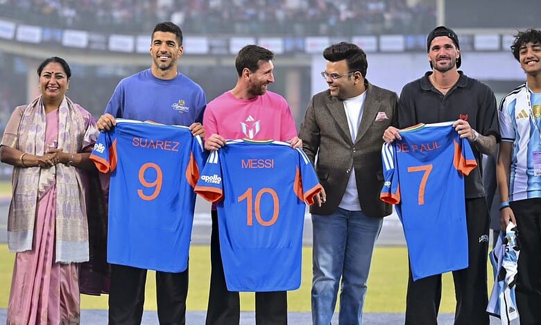 From left, Delhi Chief Minister Rekha Gupta, Uruguayan footballer Luis Suarez, Argentine footballer Lionel Messi, ICC Chairman Jay Shah and Argentine footballer Rodrigo De Paul during an event as part of the 'GOAT India Tour 2025', at Arun Jaitley Stadium in New Delhi (PTI)