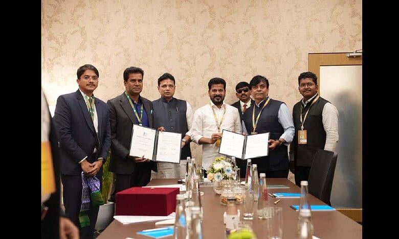 Telangana CM Revanth Reddy and IT Minister Sridhar Babu, after signing investment agreements