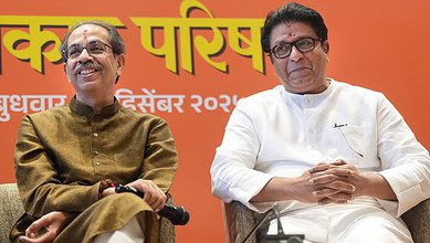 Shiv Sena (UBT) chief Uddhav Thackeray, right, and Maharashtra Navnirman Sena (MNS) chief Raj Thackeray during a joint press conference announcing an alliance between their parties ahead of Mumbai civic polls