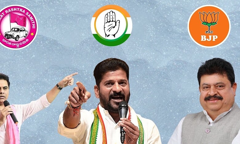 Image showing KTR, Revanth Reddy and N Ramchander Rao on a blue background