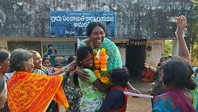 Image shows a woman being lifted up in celebration after she wins the post of sarpanch in Telangana's gram panchayat elections