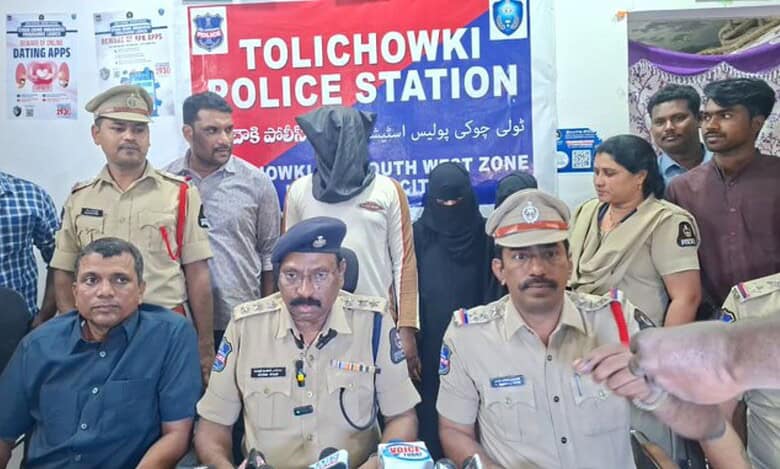 Police officers at Tolichowki Police Station in Hyderabad presenting suspects during a press conference