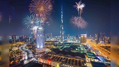 Representative image of fireworks lighting up Dubai’s skyline near Burj Khalifa on New Year’s Eve.