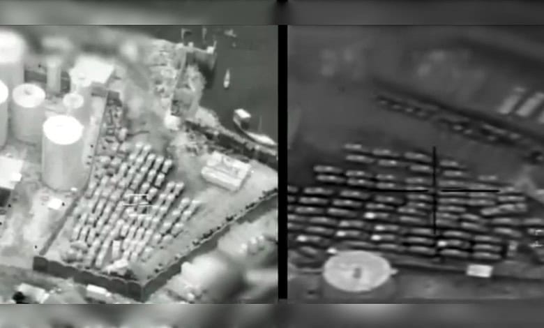 Aerial footage showing rows of weapons and military vehicles at Mukalla port in Yemen.