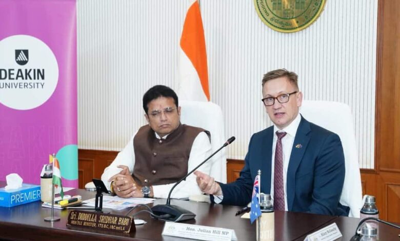 Image of Telangana IT minister Sridhar Babu with Australia Minister for International Education, Julian Hill.