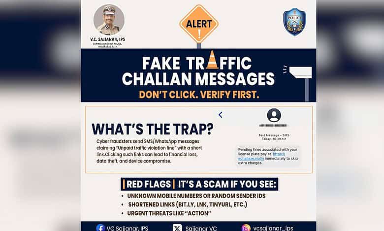 Hyderabad commissioner of police VC Sajjanar warns against fake traffic challan links