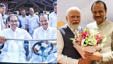 Ajit Pawar with Uddhav Thackeray and PM Narendra Modi