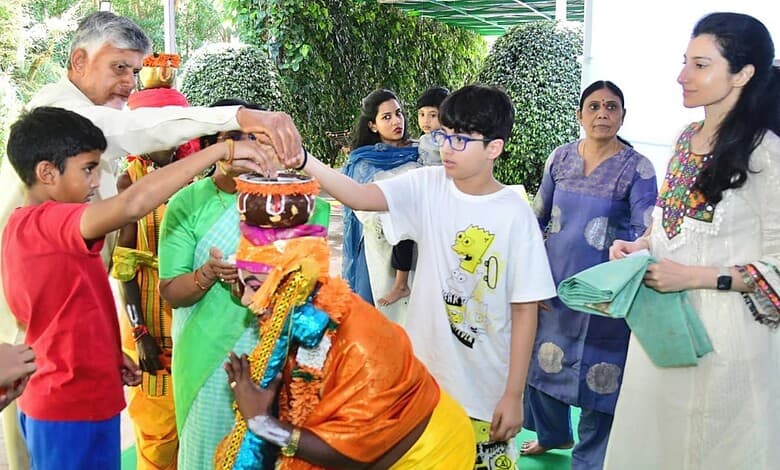 Andhra Pradesh CM N Chandrababu Naidu participated along with his family in the Bhogi celebrations held in Naravaripalle.