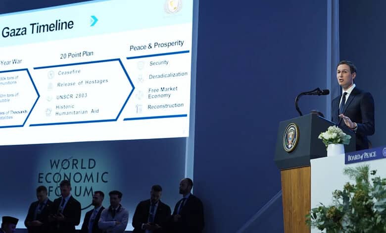 Jared Kushner speaks after the signing of a Board of Peace charter during the Annual Meeting of the world Economic Forum in Davos, Switzerland, Thursday, January 22. (Source AP)