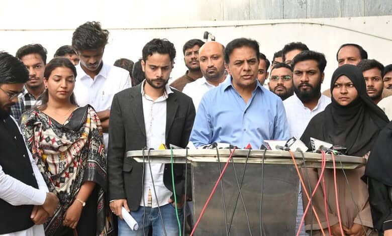 BRS working president addressing media along with MANUU students