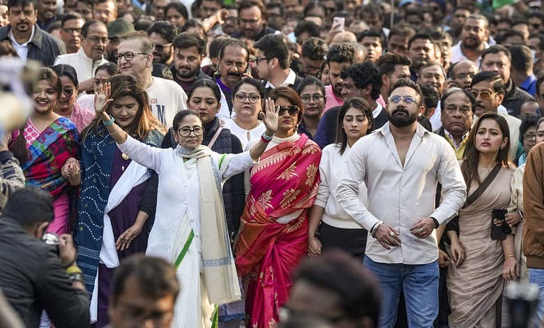 West Bengal Chief Minister and Trinamool Congress (TMC) chief Mamata Banerjee leads a protest march accompanied by party leaders including June Maliah and Dev and others against the Enforcement Directorate