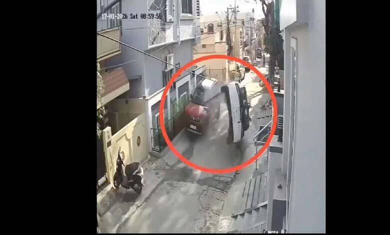 Car flips after hitting parked vehicle in Hyderabad