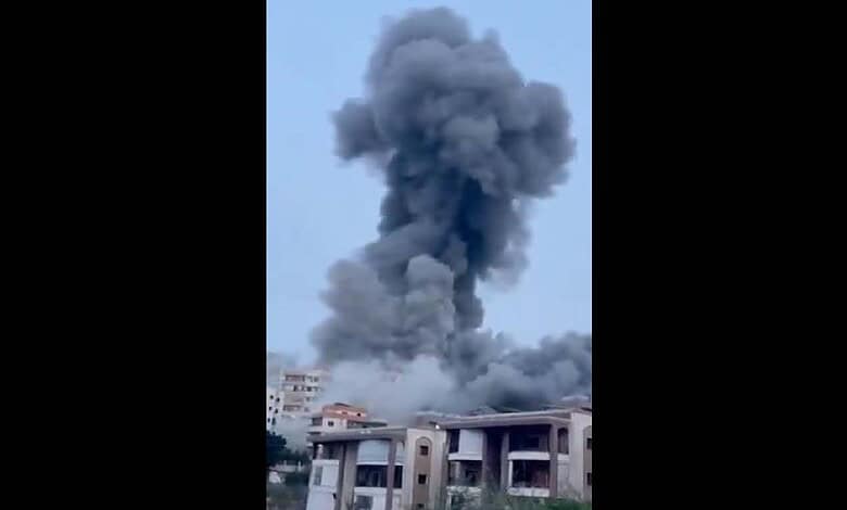 Smoke coming out after a building was bombed in Lebanon