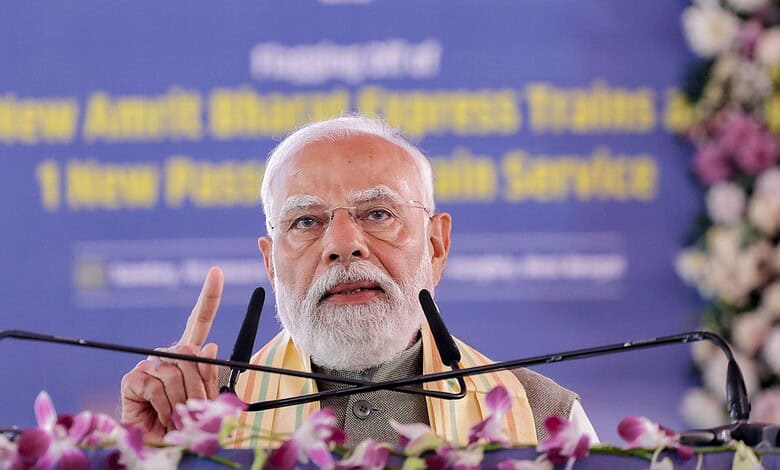 Prime Minister Narendra Modi addresses a public meeting, at Singur, in Hooghly district, West Bengal. PM Modi launched development projects worth over Rs 830 crore in West Bengal and flagged off three Amrit Bharat trains connecting Kolkata with other parts of the country.