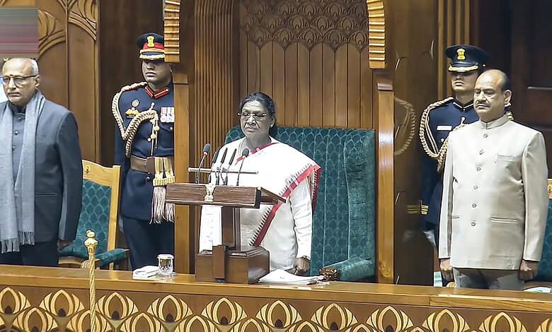 President Droupadi Murmu addresses the joint sitting of both Houses on the first day of the Budget session, in New Delhi, Wednesday, Jan. 28, 2026. (Sansad TV via PTI Photo)