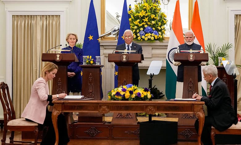Prime Minister Narendra Modi, European Council President Antonio Costa and European Commission President Ursula von der Leyen witness exchange of documents during a joint press statement