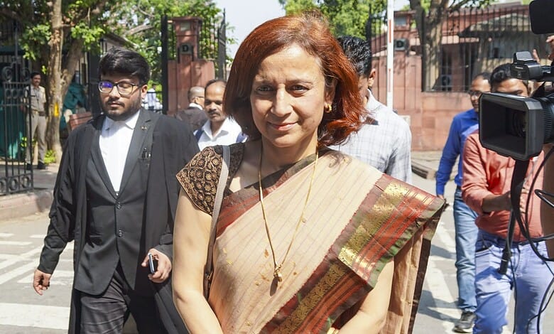 Gitanjali J Angmo, wife of climate activist Sonam Wangchuk, leaves the Supreme Court after a hearing in New Delhi, Wednesday, Oct. 15, 2025. (PTI)