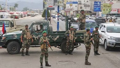 Southern Yemen soldiers of Southern Transitional Council (STC) at a check point, in Aden, Yemen.