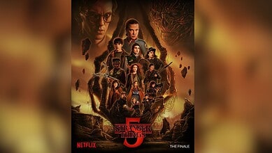 Stranger Things Season 5 poster featuring ensemble cast surrounded by dark supernatural imagery