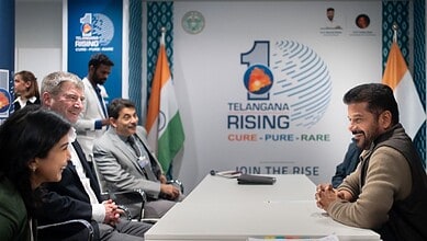 Telangana Chief Minister Revanth Reddy meets WEF Managing Director Jeremy Jurgens.