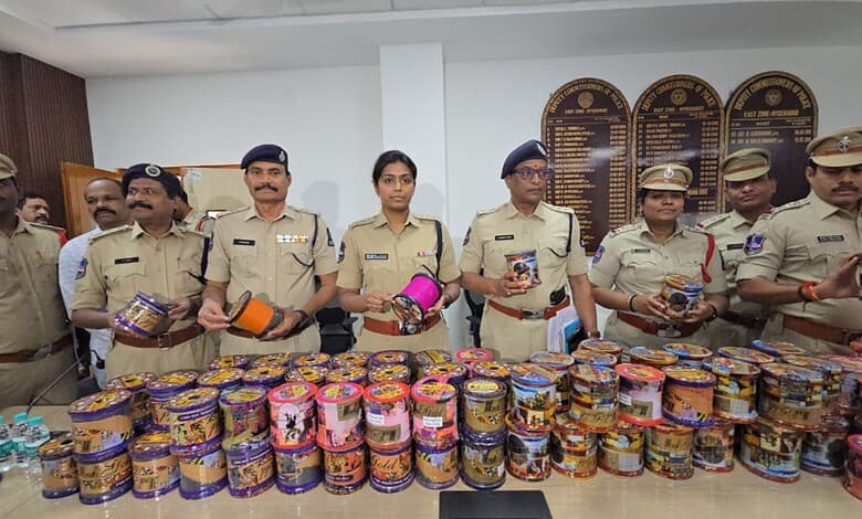 Hyderabad police pose with the seized Chinese Manja bobbins worth Rs 1.88 lakh
