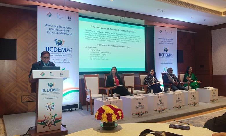 Telangana Chief Electoral Officer C Sudarshan Reddy speaking at the IICDEM - 2026 conference