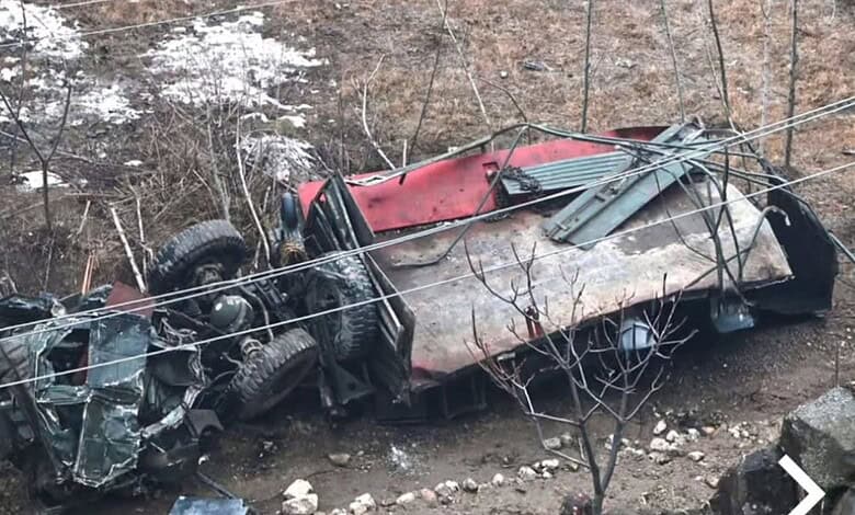 Remains of the Army vehicle that skids off road and plunged into gorge in J&K's Doda; Atleast ten soldiers are feared killed