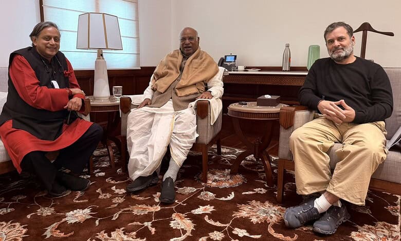 Shashi Tharoor with Congress President Mallikarjun Kharge and Leader of Opposition in Lok Sabha Rahul Gandhi in New Delhi on Thursday