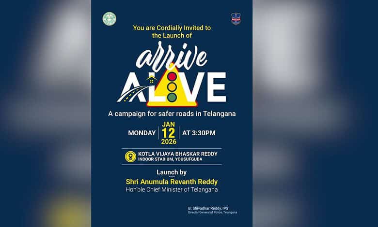 Image shows a dark blue poster that says 'Arrive Alive' in yellow