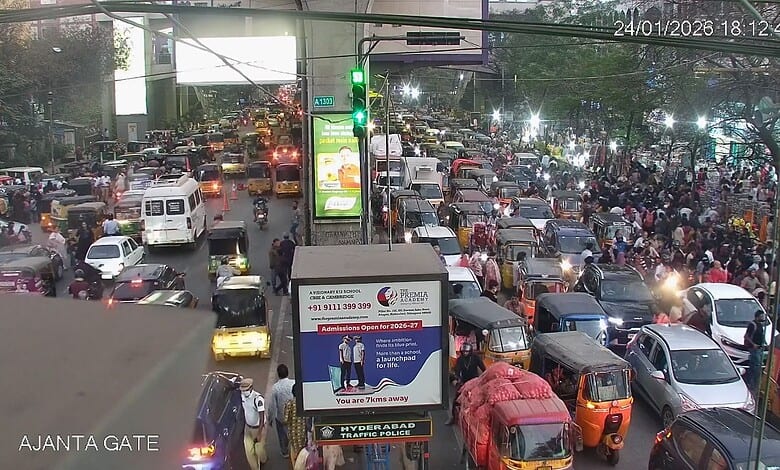 Traffic at Nampally exhibition grounds in Hyderabad