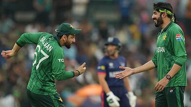 Pakistan's Usman Tariq celebrates with captain Salman Ali Agha the wicket of Namibia's JJ Smit during the T20 World Cup cricket match between Namibia and Pakistan in Colombo, Sri Lanka, on Wednesday, February 18.