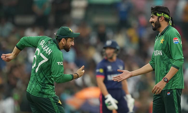 Pakistan's Usman Tariq celebrates with captain Salman Ali Agha the wicket of Namibia's JJ Smit during the T20 World Cup cricket match between Namibia and Pakistan in Colombo, Sri Lanka, on Wednesday, February 18.