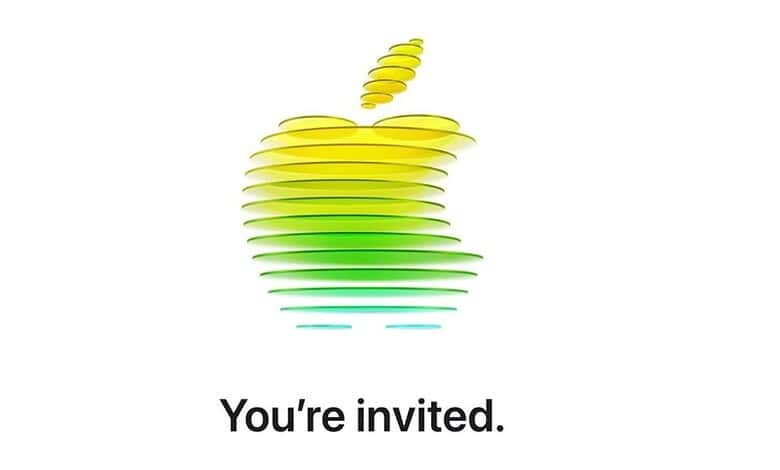 Apple logo with layered rainbow colours on a white background.