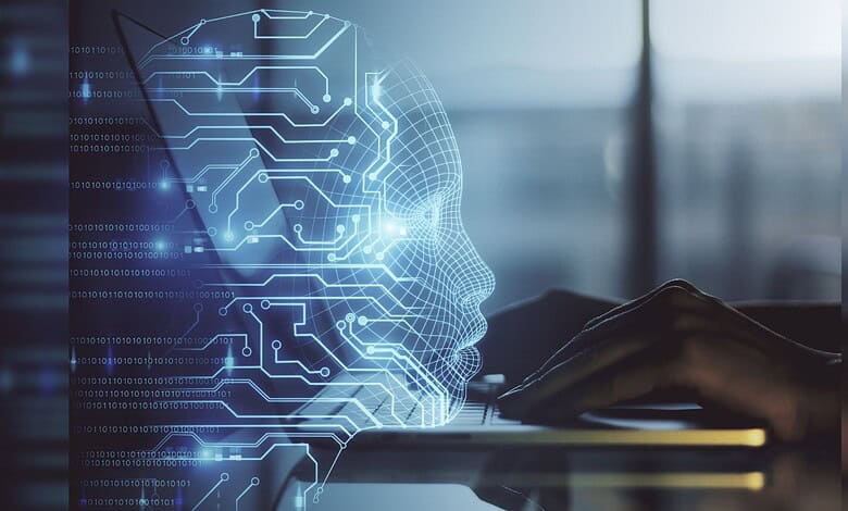 AI digital interface with human profile and data streams.