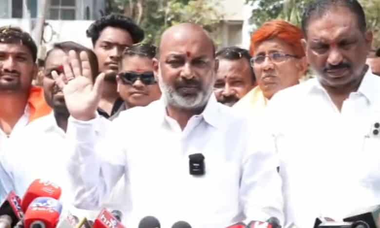 The image shows Union Minister of State for Home Affairs Bandi Sanjay addressing the media persons in Hyderabad on Friday, February 27, 2026.