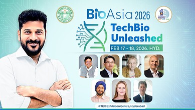 BioAsia 2026 event in Hyderabad showcasing biotech innovations and leaders.