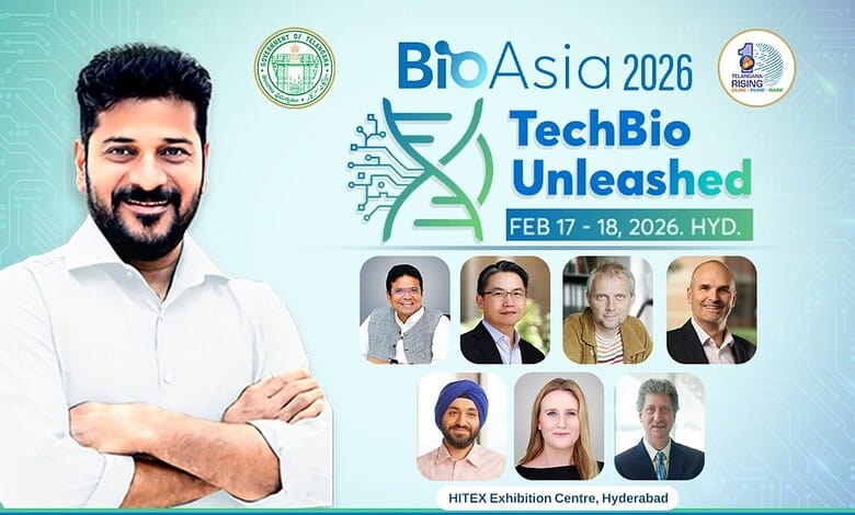 BioAsia 2026 event in Hyderabad showcasing biotech innovations and leaders.