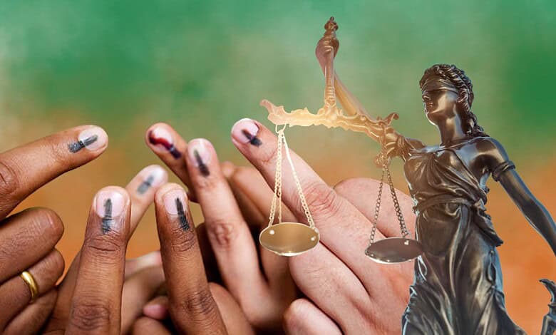 Justice and equality symbol with hands and scales of justice.
