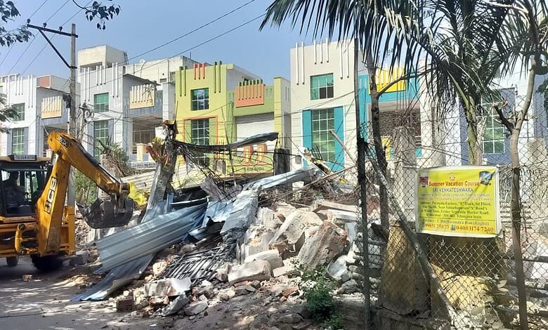 HYDRAA carrying out demolition drive in various parts of Hyderabad on Tuesday, February 10.