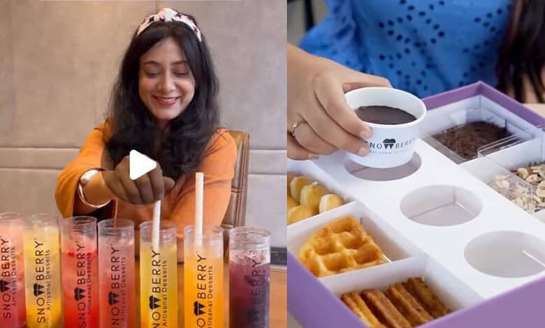 Young woman enjoying Korean dessert with colourful drinks and snacks.
