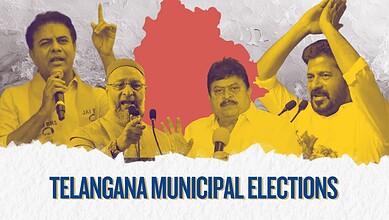 Telangana Congress leaders celebrating election victory with raised hands and microphones.