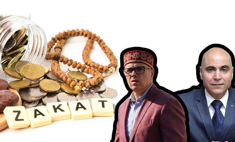 Image showing coins, prayer beads, and two officials discussing Zakat and Sadaqah controversy in Kishtwar.