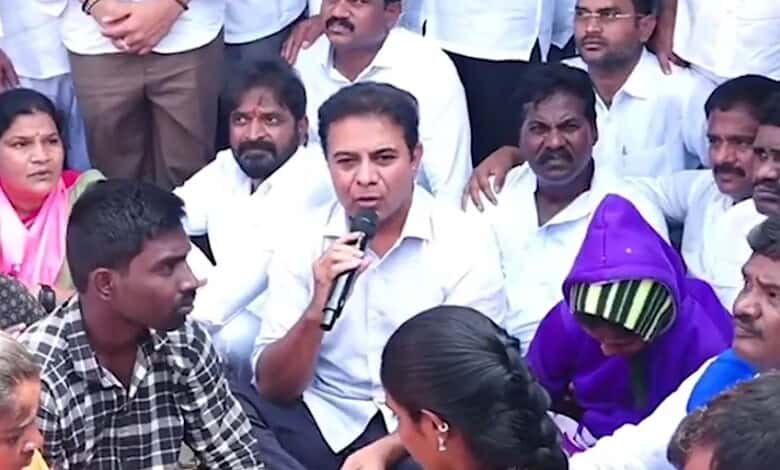 Image shows BRS working president KTR sitting on a dharna
