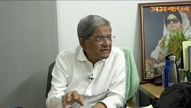 Senior BNP leader speaking during an interview about minority rights in Bangladesh.