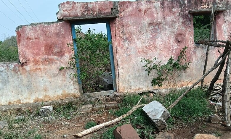 The image shows the remnants of the Pukka houses of Chenchus demolished in Rayaleti Penta of Nagarkurnool district in 2021.