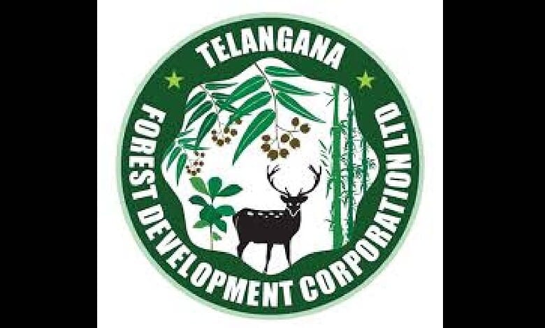 Telangana TFDC logo featuring a deer, bamboo, and leaves, promoting nature and environmental conservation.